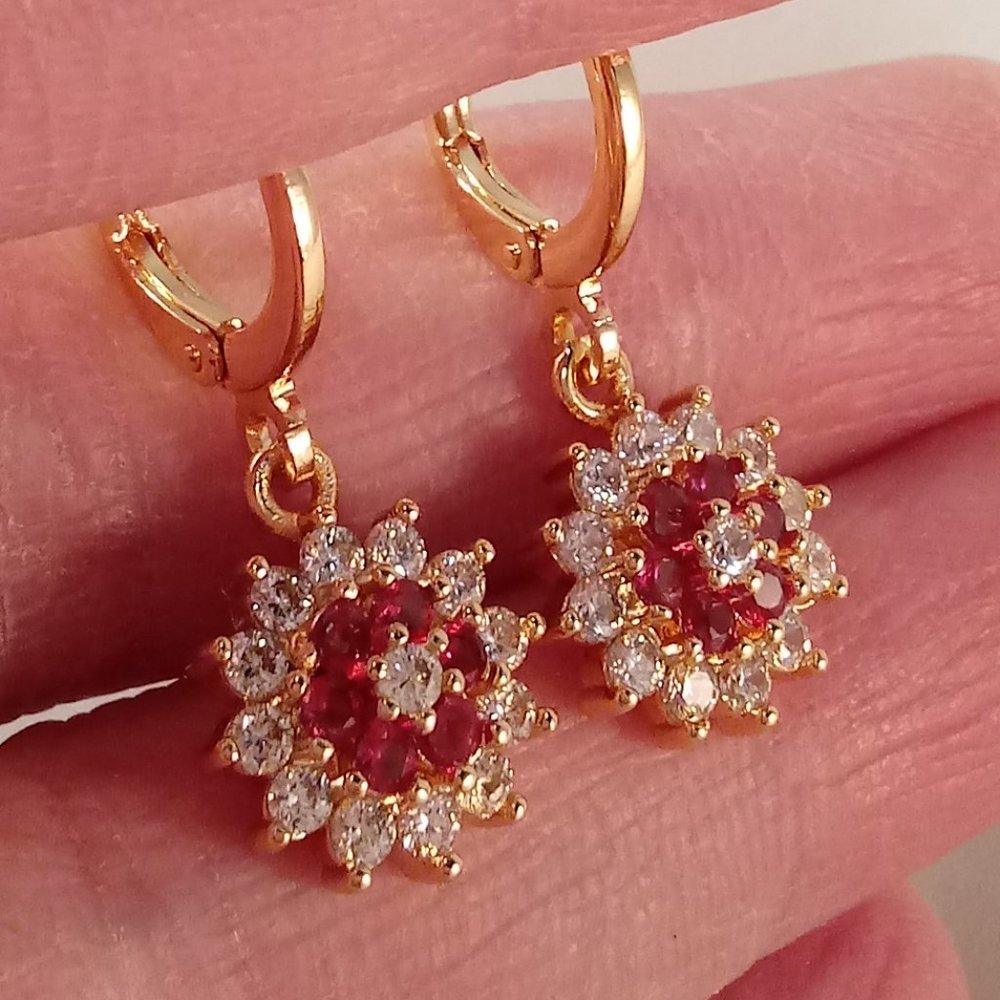 18K Yellow Gold Filled Flower Ruby Red Diamond Zircon Dangle Earrings Gorgeous